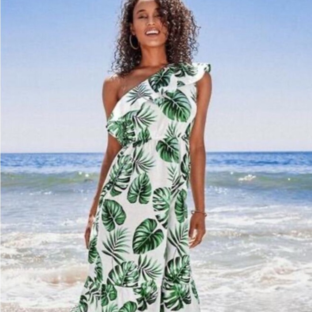 Cupshe 100% Cotton Tropical One Shoulder Ruffle Midi Dress